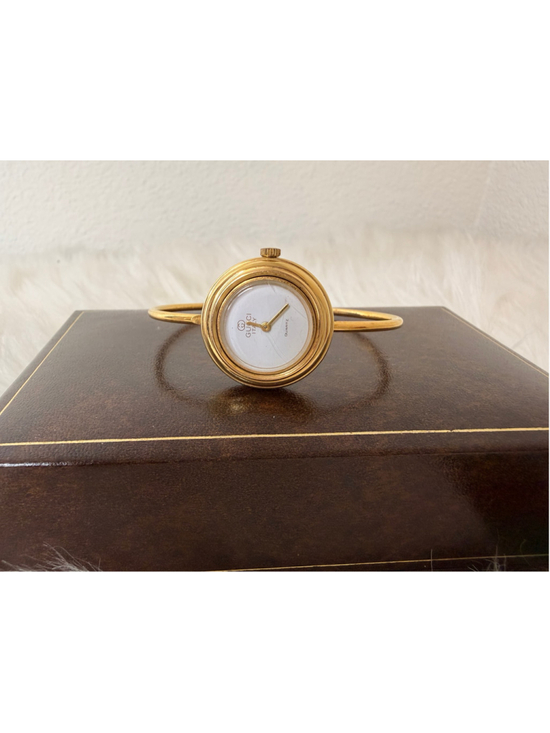 Vintage Gucci Interchangeable Bezel Bangle Watch, w/ 12 bezels, box & paperwork